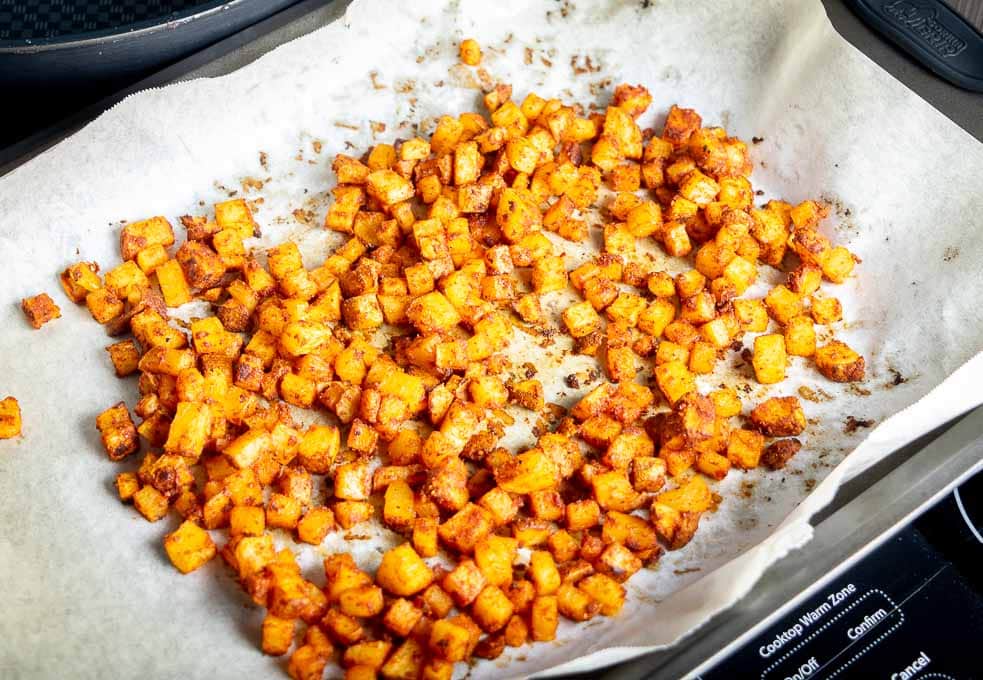 Roasted potatoes after baking in the oven for 30 minutes