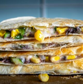 Zucchini Corn Quesadilla chopped up into quarters after cooking