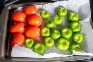 Tomatoes and tomatillos for the Roasted Tomato and Tomatillo Salsa