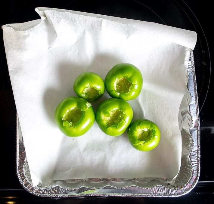 Roasting tomatillos for the Chipotle Meco Salsa