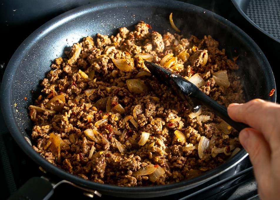 Cooking the ground beef for the burritos