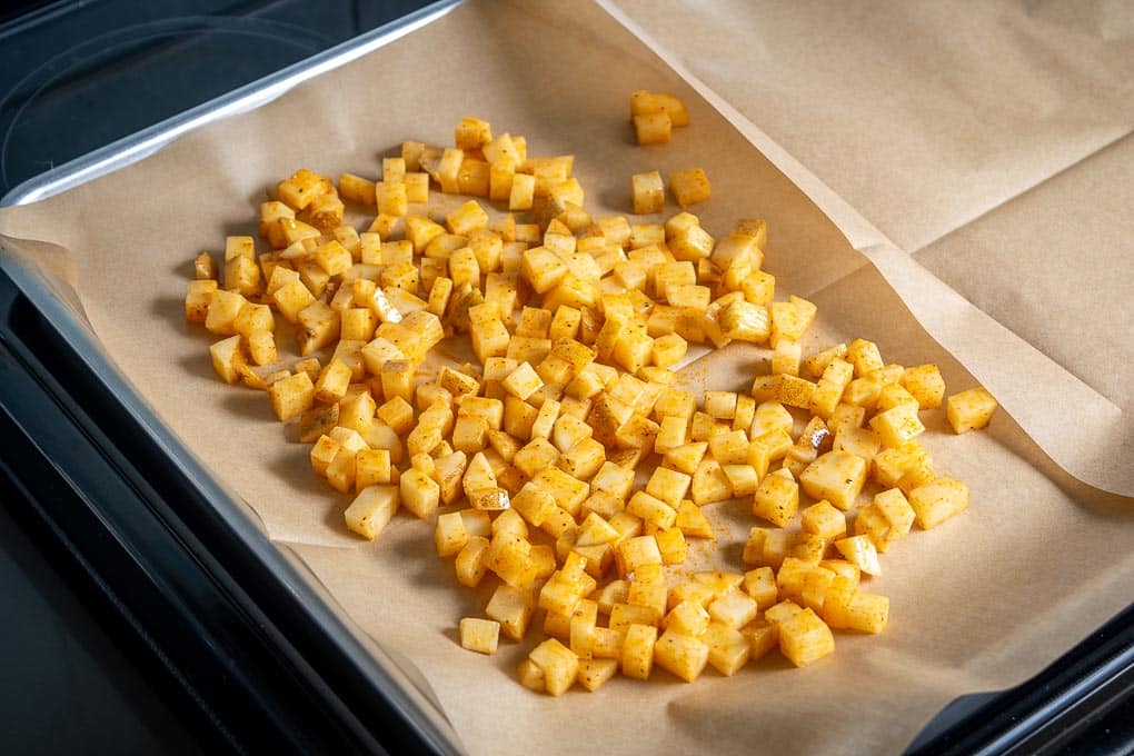 Roasting the potatoes for the breakfast platter