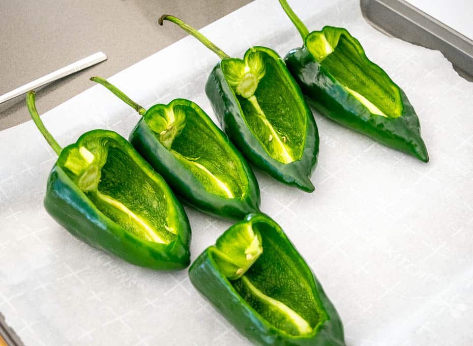 Five de-stemmed Poblanos for the stuffed peppers