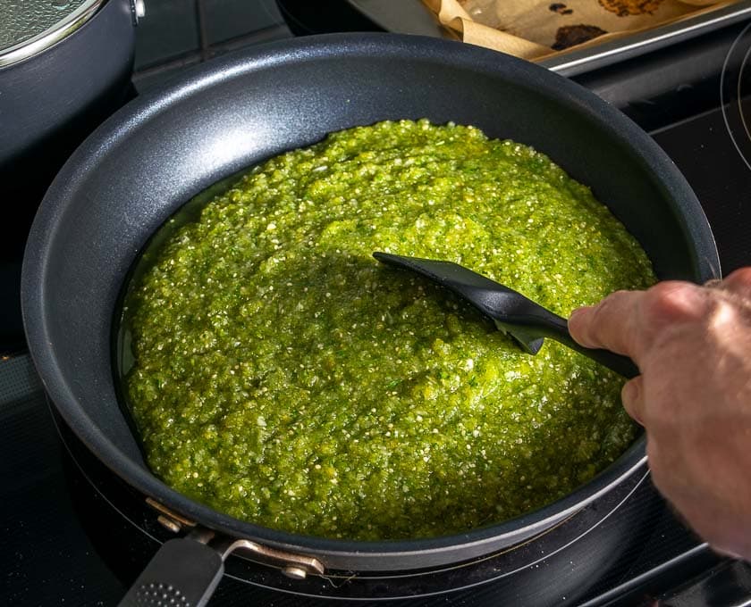 Cooking the blended Chile Verde sauce