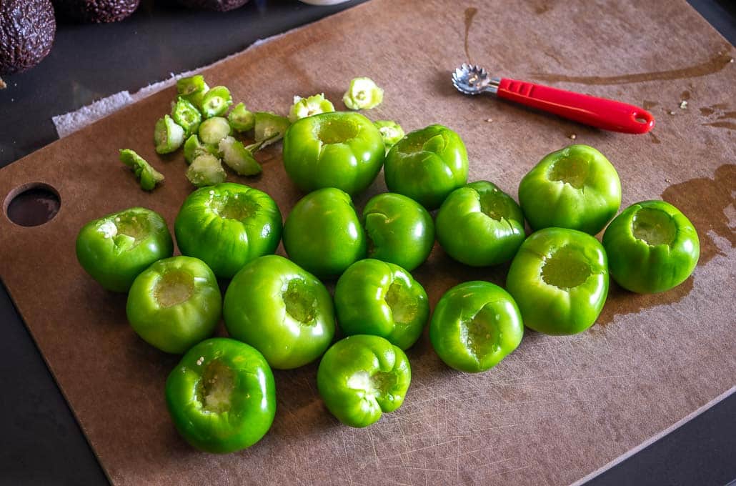 De-stemming 1.5 lbs. of fresh tomatillos