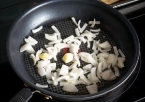 Cooking the onion and garlic for the bean dip