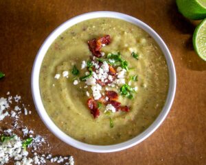 This Potato Bacon Poblano Soup is my comfort food lately! It's a hearty, filling soup with a hint of that roasted Poblano flavor. So good!