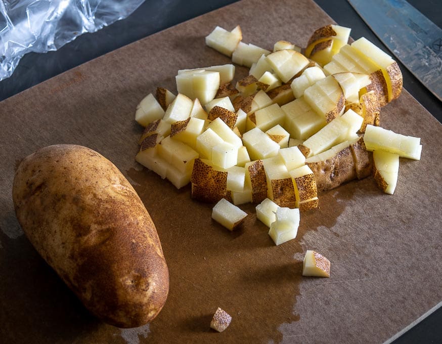 Cubing the potato for the Soup