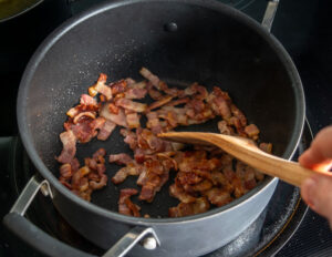 Cooking the bacon for the Potato Bacon Poblano Soup