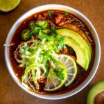 This is a great Vegetarian Red Pozole recipe to keep in mind!  Be sure to add some savoriness to your Pozole -- I used some veggie stock with nutritional yeast, but you could also just add some fat to your broth to get a similar effect.