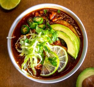 This is a great Vegetarian Red Pozole recipe to keep in mind!  Be sure to add some savoriness to your Pozole -- I used some veggie stock with nutritional yeast, but you could also just add some fat to your broth to get a similar effect.