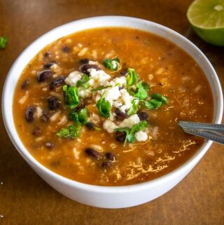 This is a great recipe for a delicious batch of Mexican Beans and Rice Soup. Super easy to make, and tremendously satisfying.