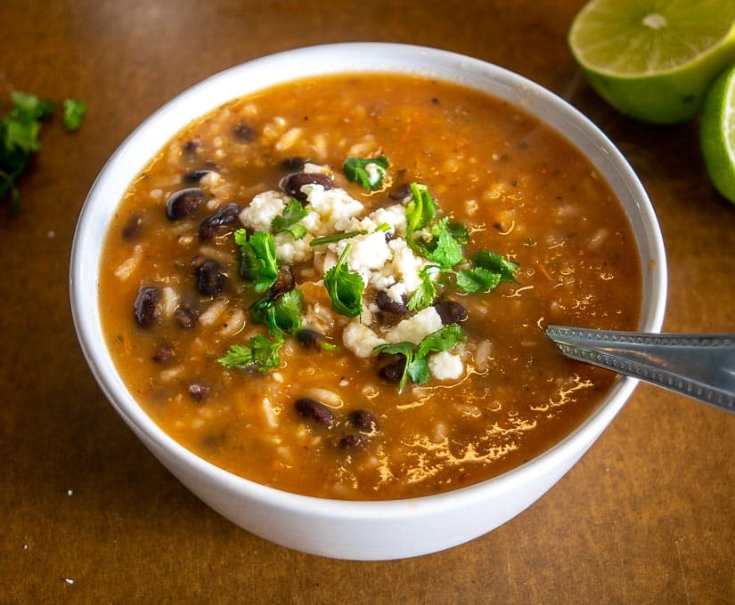 This is a great recipe for a delicious Mexican bean and rice soup. Very easy to make and tremendously satisfying.