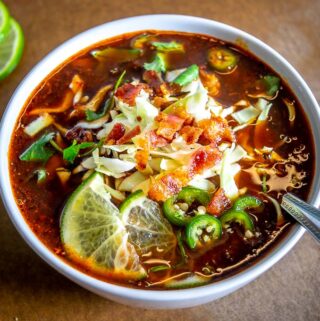 Here's an easy recipe for lip-smacking batch of Bacon Red Pozole! Be sure to garnish with a final burst of acidity as this will really bring it to life.