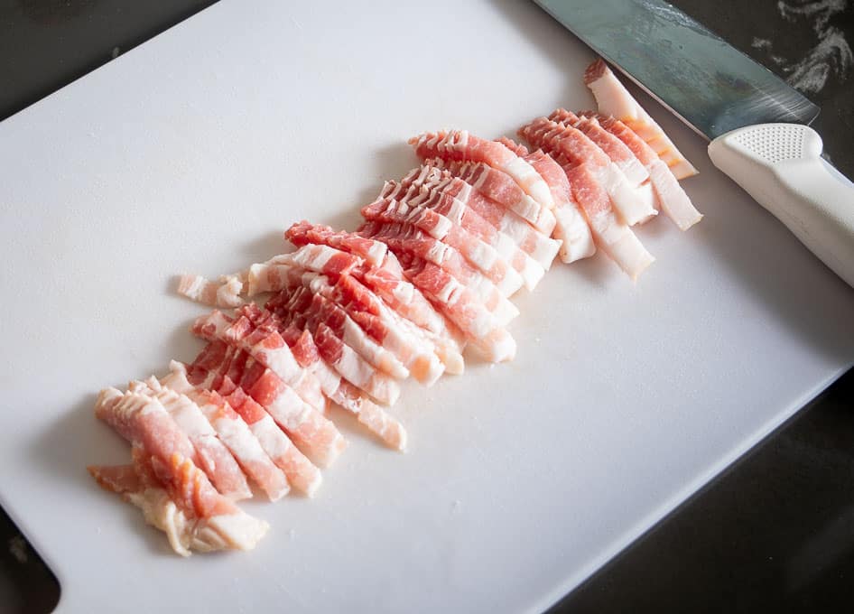 Chopping up the bacon for the Pozole