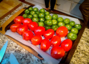 Roasting tomatoes and tomatillos for the tostadas