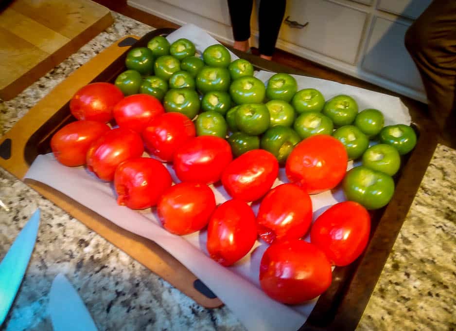 Roasting tomatoes and tomatillos for the tostadas