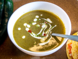 Here's an easy, delicious meal I make on a regular basis: Quick Poblano Soup with mini Pico Quesadillas