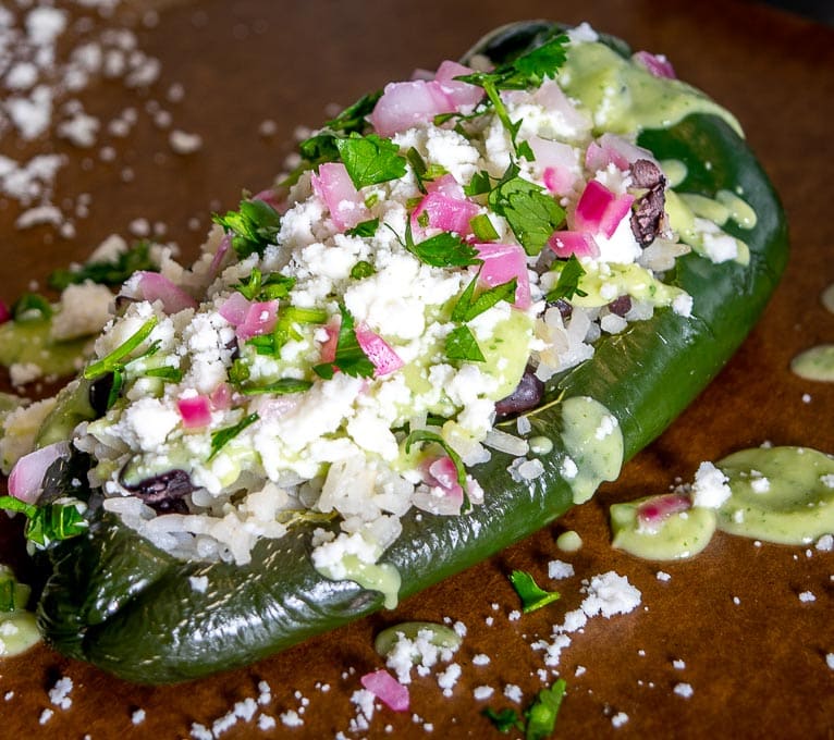 Vegetarian Stuffed Poblano with all the garnishes