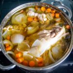 Batch of chicken stock after simmering for 90 minutes