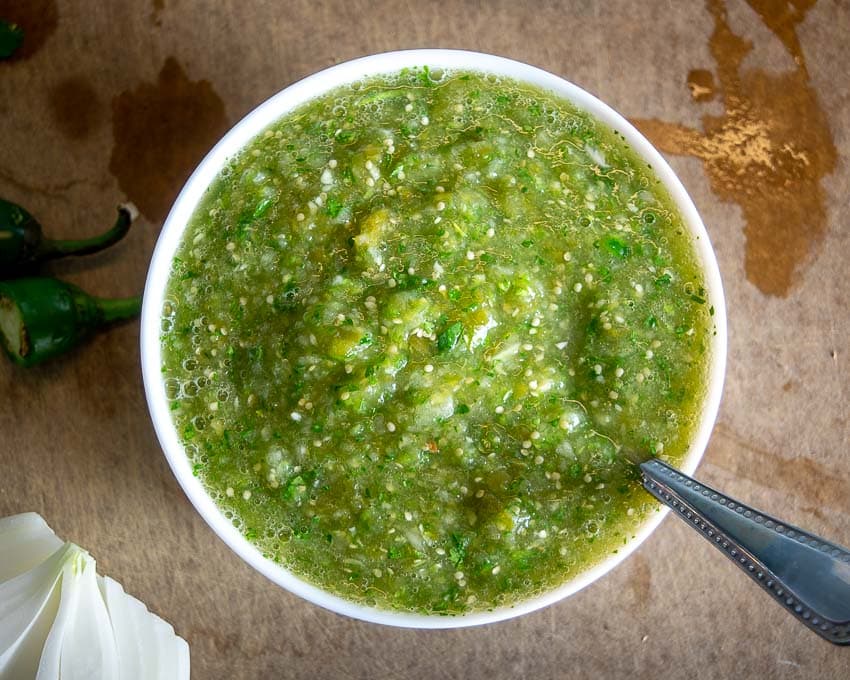 Salsa Verde in a bowl after blending