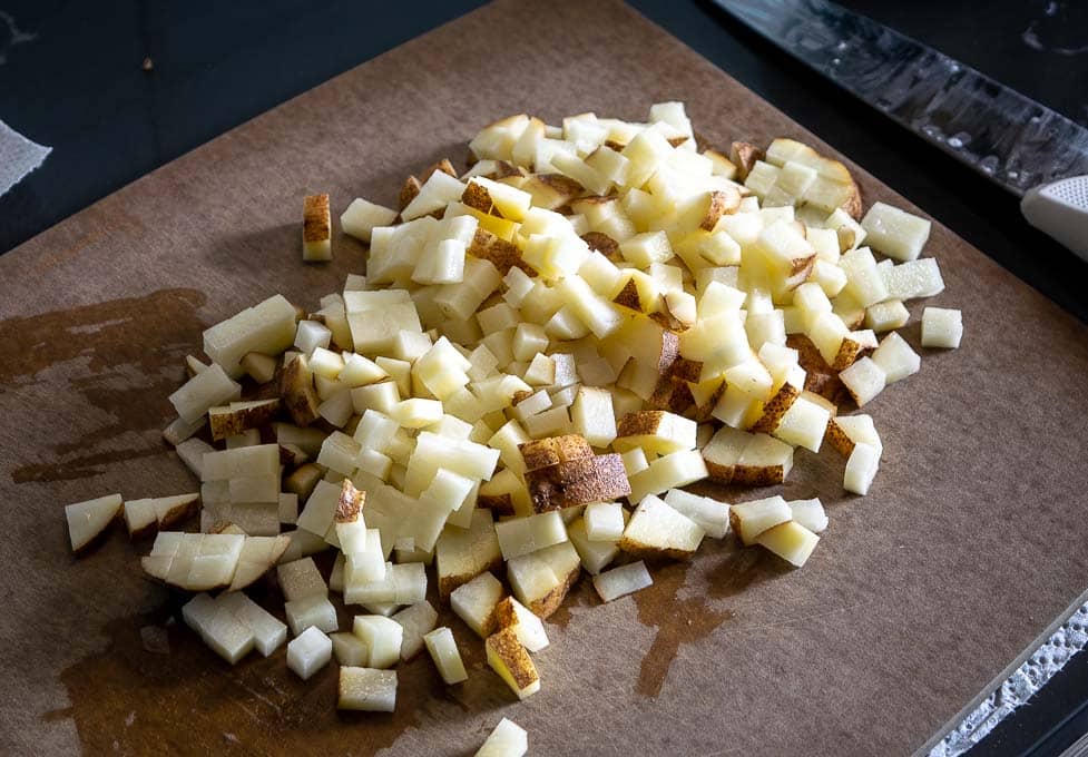 Cubing two potatoes for the Burrito Bowls