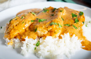 Serving the Creamy Chipotle Chicken over white rice