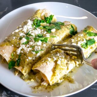 Here's an easy way to make a delicious batch of Creamy Poblano Enchiladas. The sauce is loaded with that sweet roasted Poblano flavor --  so good!