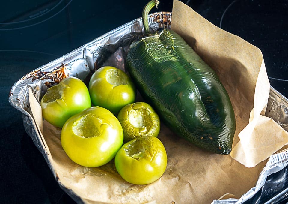  Tomatillos and Poblano after they have roasted for 30 minutes