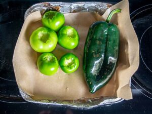 Roasting the tomatillos and Poblano chile pepper