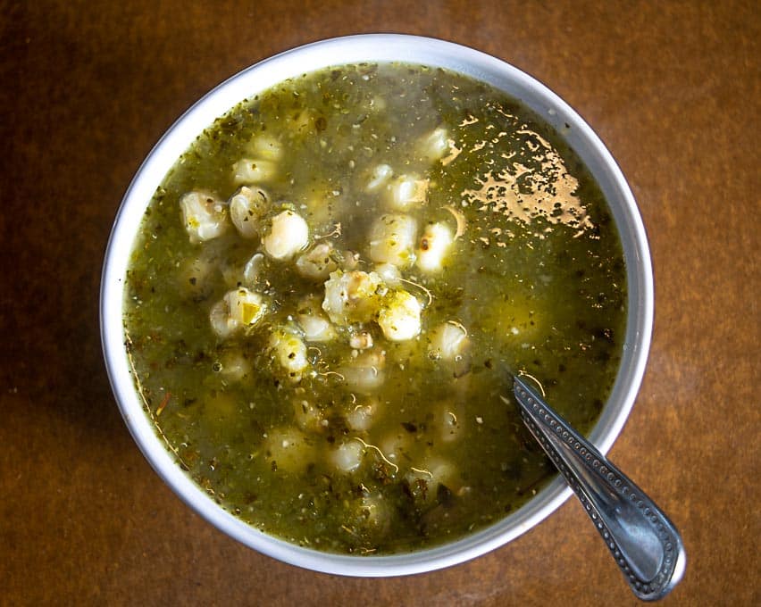 Bowl of Vegetarian Pozole Verde without any fixings