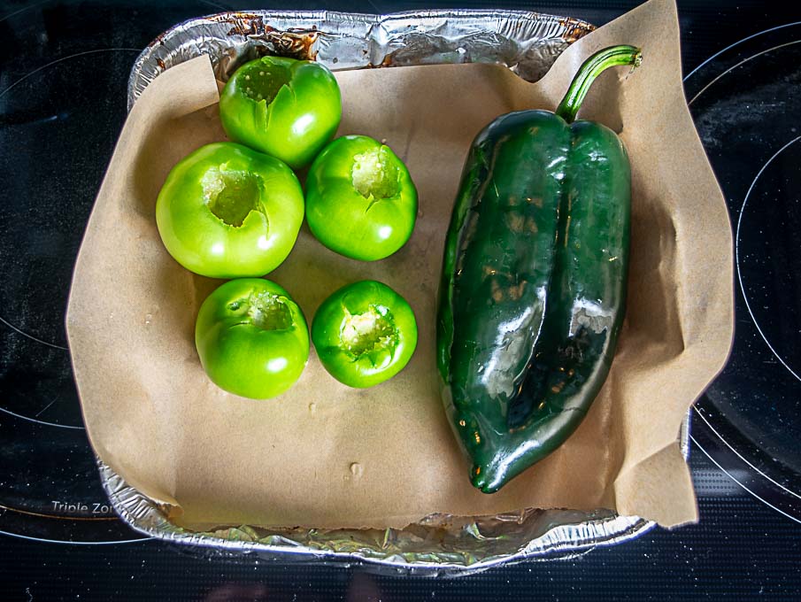 Roasting the tomatillos and Poblano chile pepper