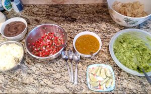 Lining up all the fixings for the Chicken Taco Bar