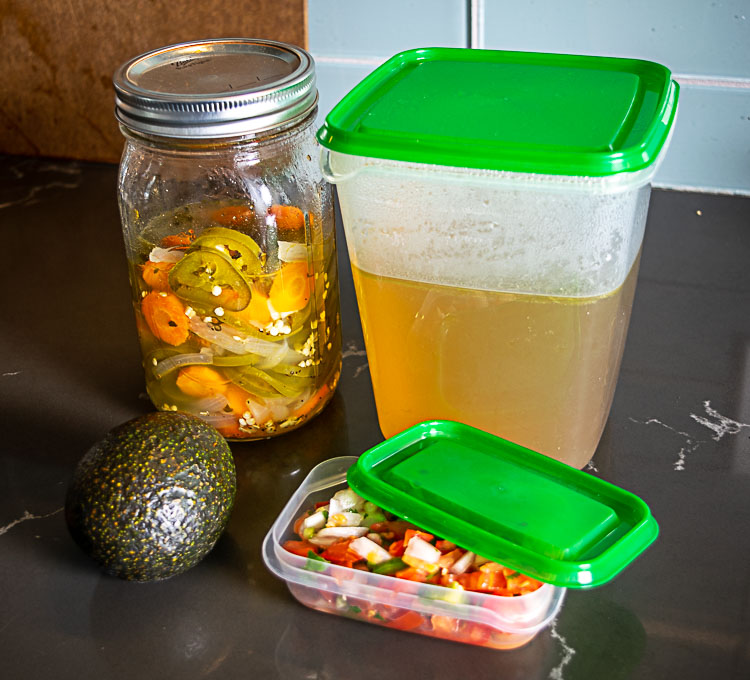 Stock, pickled jalapenos, avocado, pico de gallo for the avocado soup