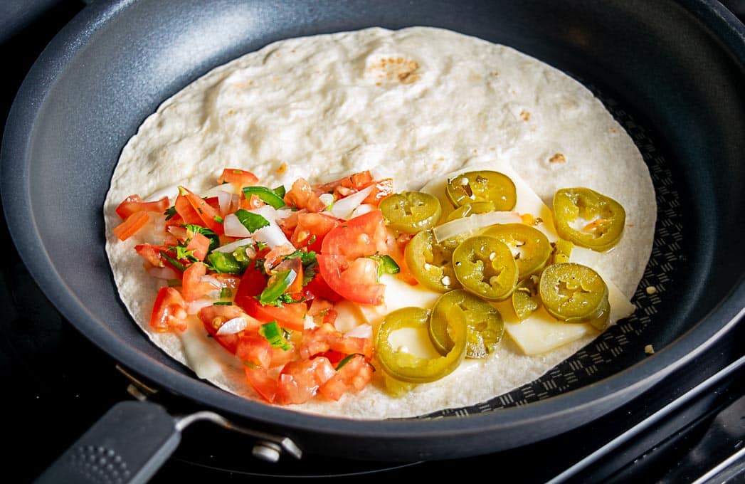 Adding Pico de Gallo and Pickled Jalapenos for the quesadilla