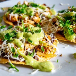 Final plate full of Chicken Tostadas with Salsa de Aguacate