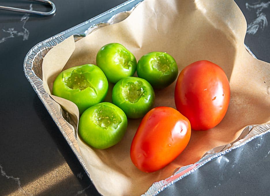 Roasting the tomatoes and tomatillos for the freshly made Salsa