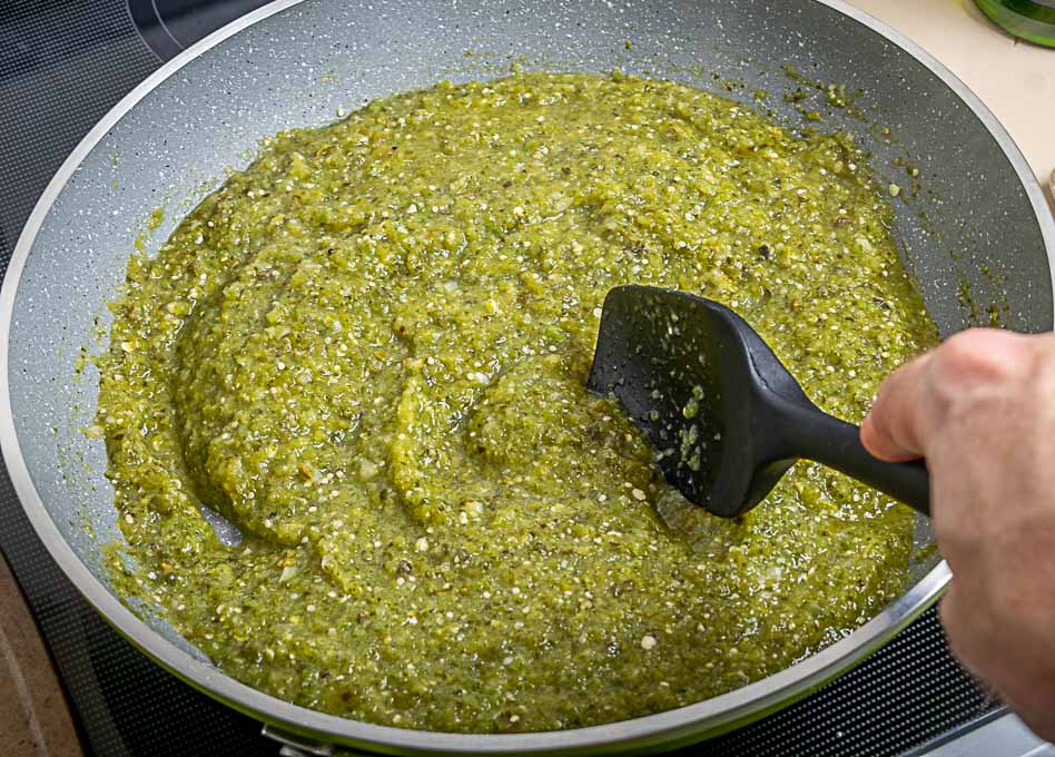 Stirring the chile verde sauce