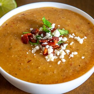 Final closeup of the Potato Chipotle Soup in the serving bowl