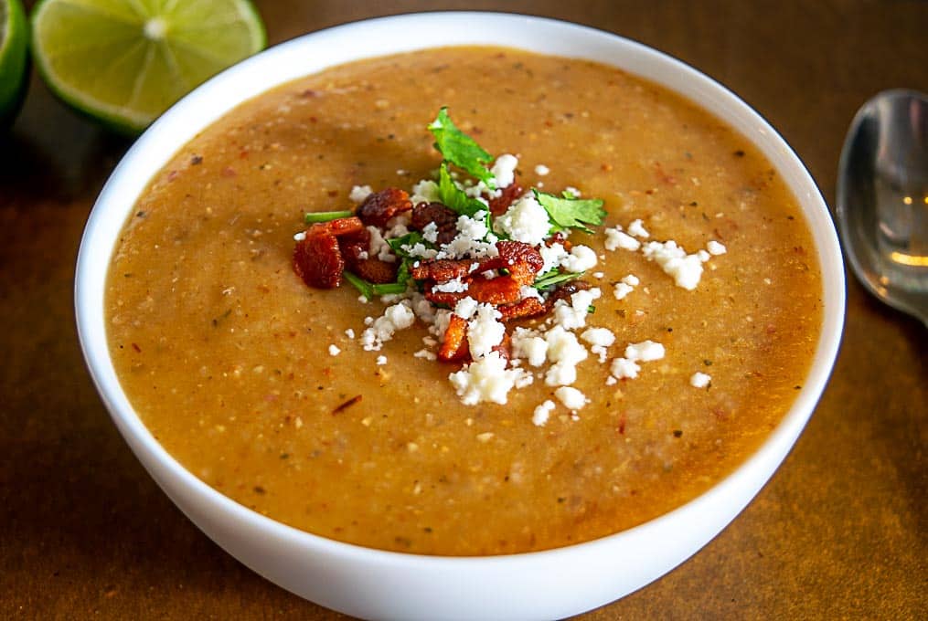 Final close up of chipotle potato soup in serving bowl