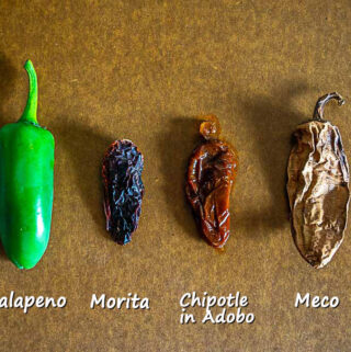 All the chiles with labels: jalapeno, morita, chipotle in adobo, meco