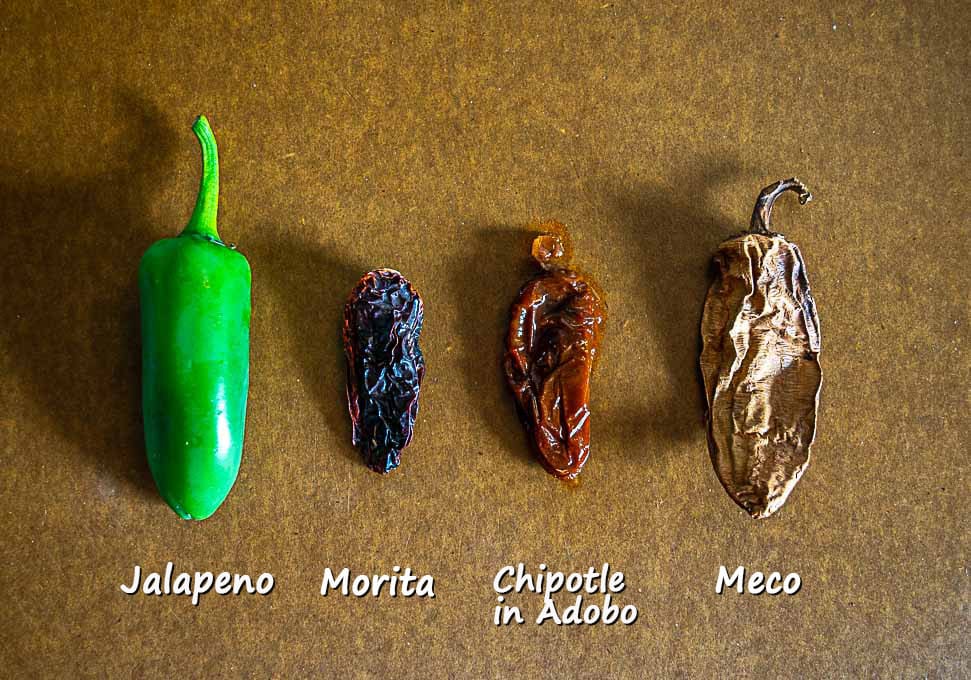 All the chiles with labels: jalapeno, morita, chipotle in adobo, meco