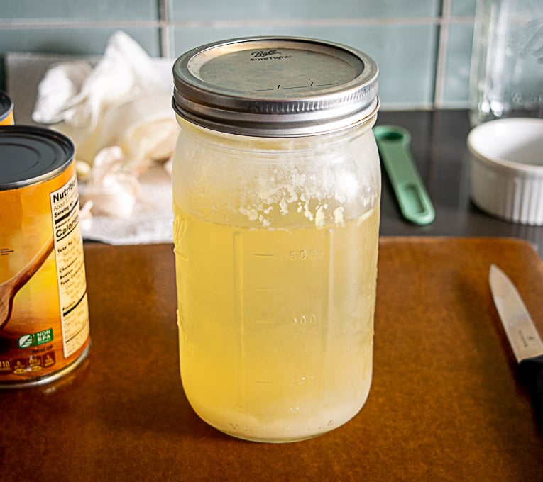 A bit less than a quart of homemade chicken stock