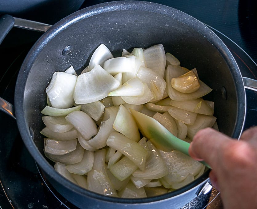 Cooking the onion and garlic for the tortilla soup