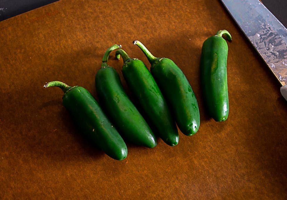 Five medium sized jalapenos for the Jalapeno Hot Sauce