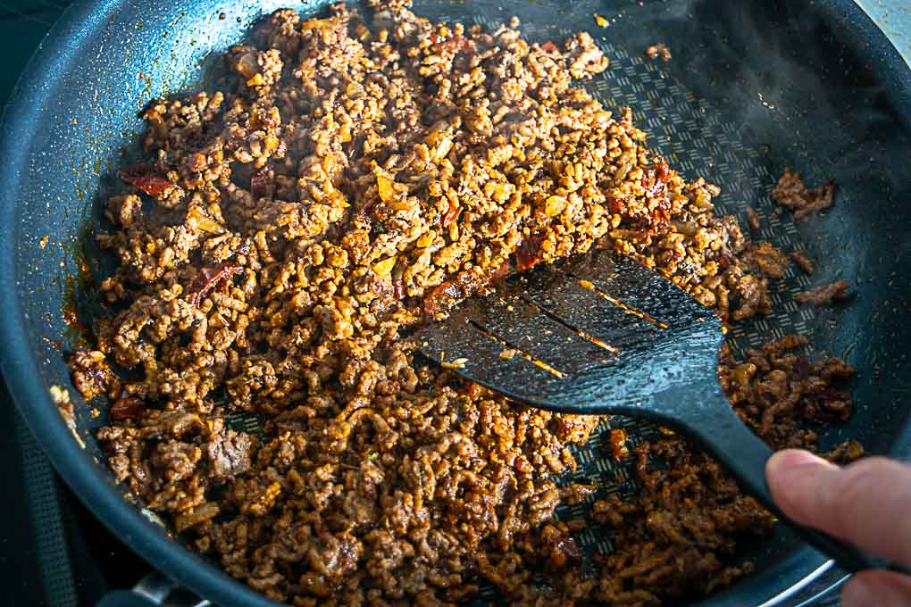 Chipotle infused ground beef for the tostadas