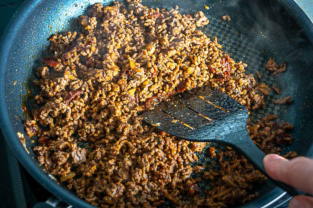 Chipotle infused ground beef for the tostadas