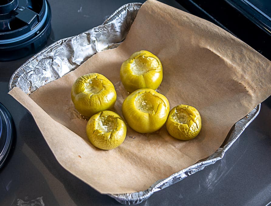 Tomatillos after roasting for 15 minutes